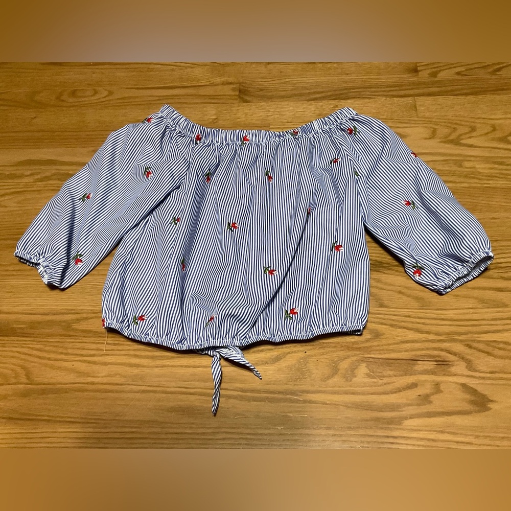 Women’s Kontrol Striped Off Shoulder Crop Blouse w/Floral Embroidery Tie Front - Picture 3 of 6